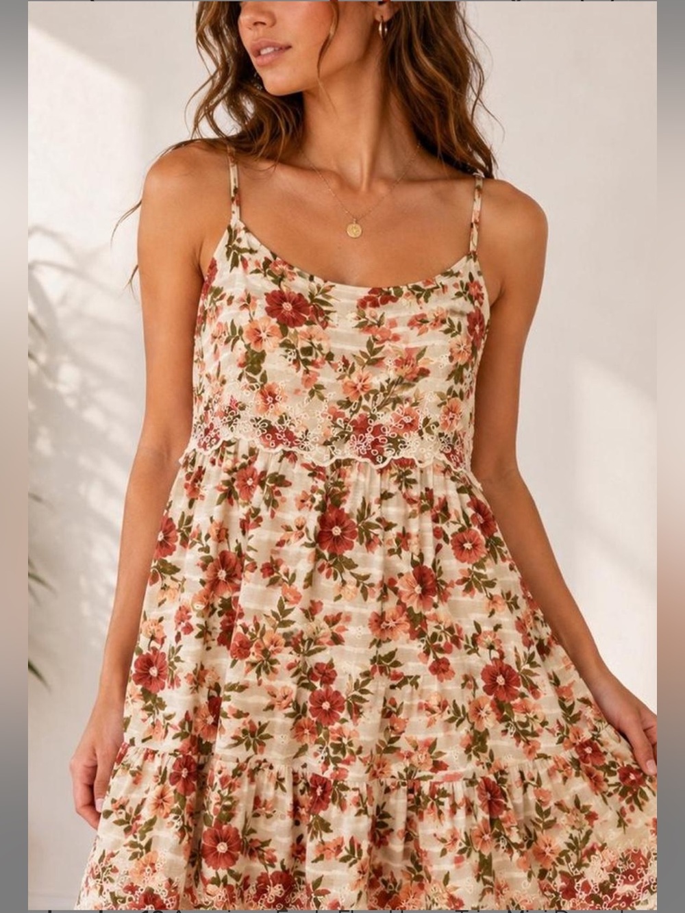 American Eagle Floral Embroidered Tiered
Babydoll Mini Dress Cream Rust Olive XS